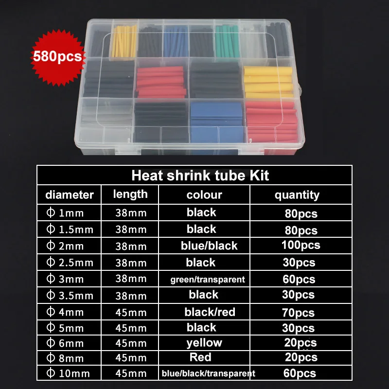 Sleeved Cable Kit - 防水熱収縮チューブ,各種キット,断熱材,電気ワイヤーケーブル,2:1, 580個セット