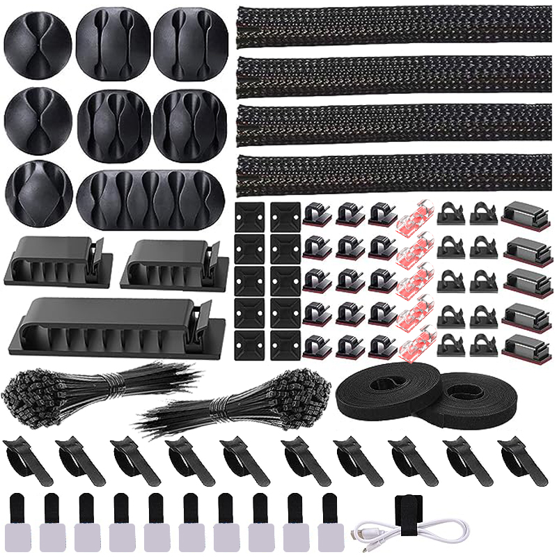 Sleeved Cable Kit - 282/352/367 個ケーブルオーガナイザー管理キットケーブルタイスリーブ分割粘着クリップホルダーコンピュータテレビケーブルを整理整頓